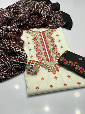 3 Pcs Women's Unstitched Cotton Jacquard Embroidered Suit